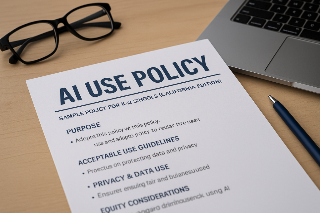Printed AI use policy document for K–12 schools on a desk beside a laptop, glasses, and a pen, representing responsible AI guidelines in education