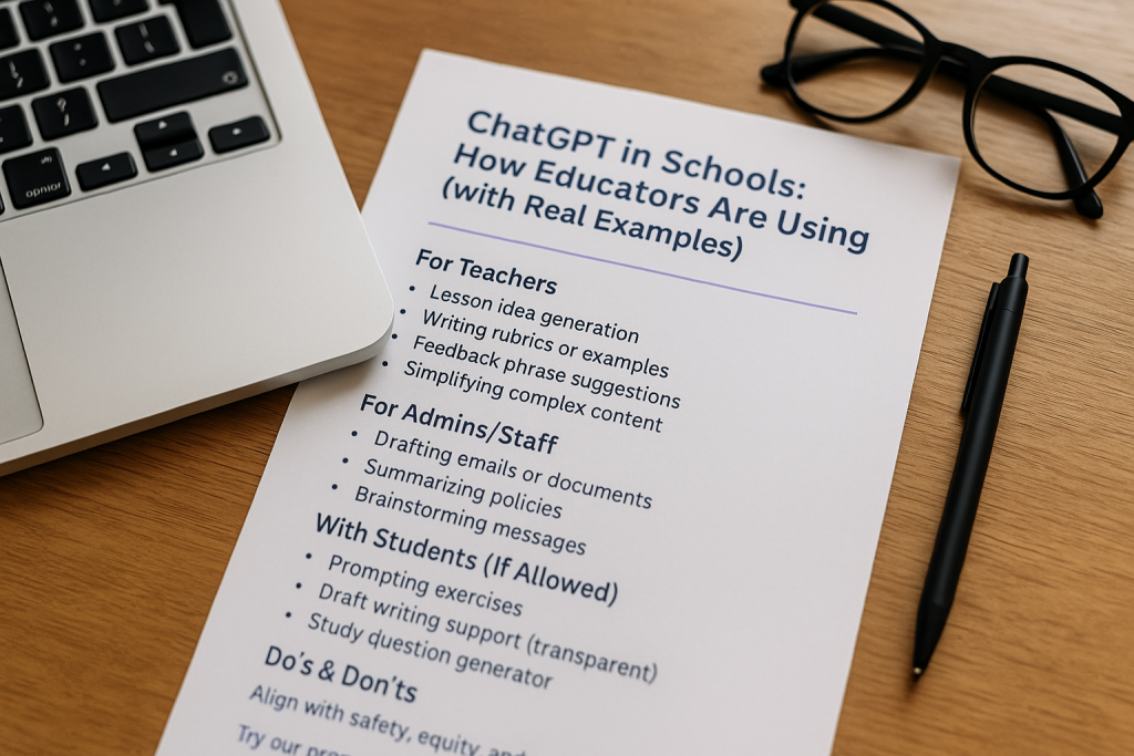 Printed ChatGPT in Schools guide with use case examples for teachers, staff, and students on a wooden desk next to a laptop, glasses, and pen