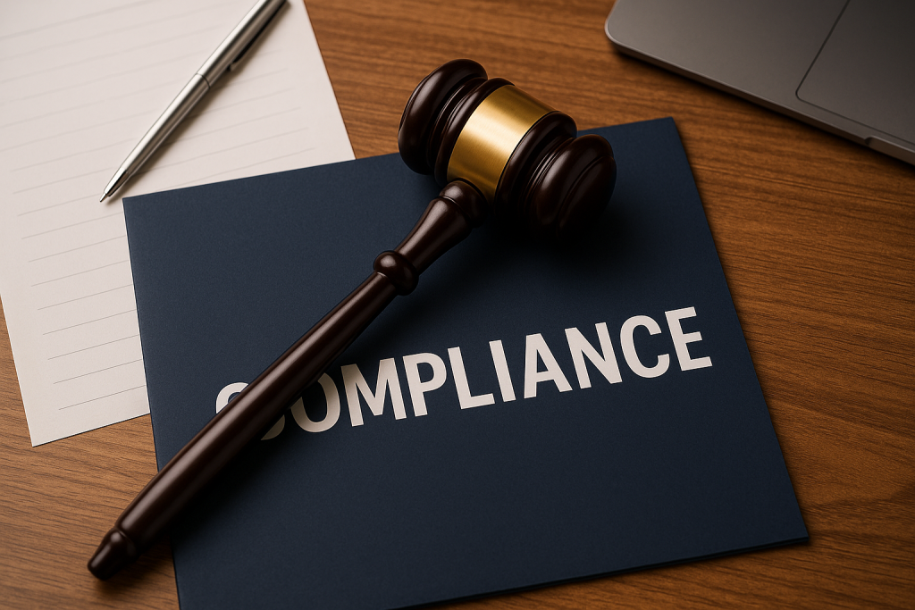 Gavel resting on a compliance folder next to a pen and laptop, symbolizing data privacy and legal compliance