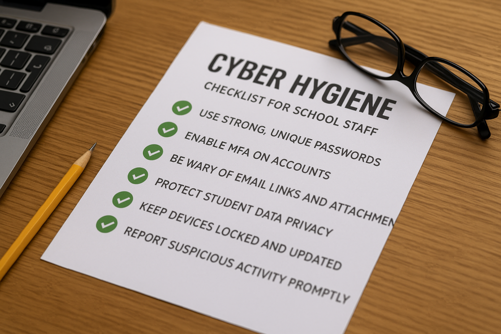 Printed cyber hygiene checklist on a clean desk beside a closed laptop and pen, representing school staff best practices for cybersecurity
