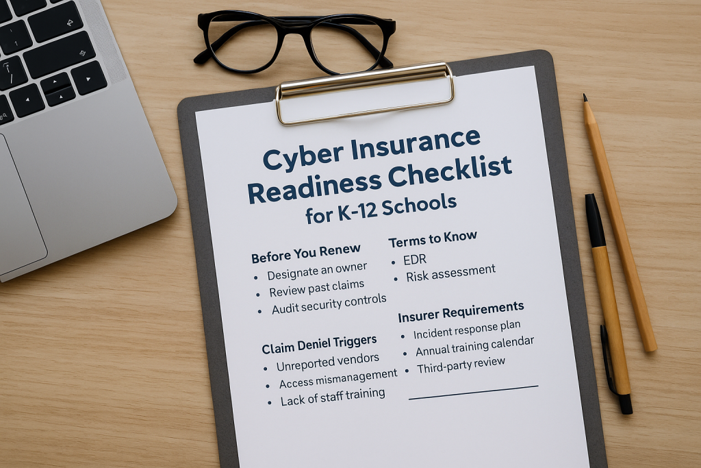 Cyber insurance readiness checklist on a clipboard with glasses, pencil, and laptop on a school administrator’s desk