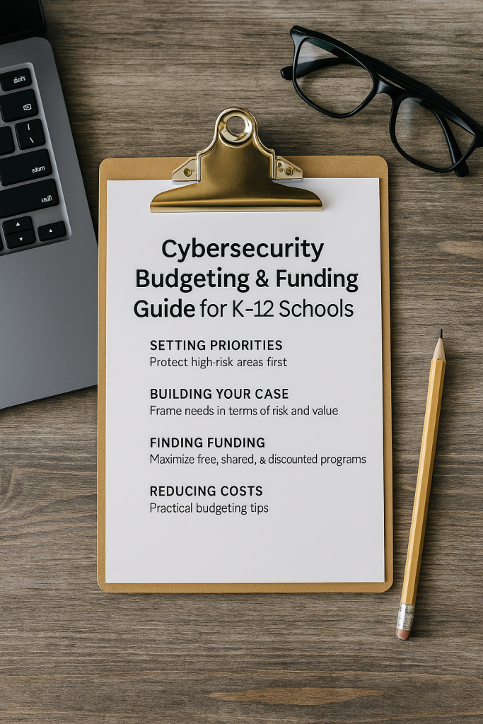 Cybersecurity budgeting and funding guide for K–12 schools printed on a clipboard with laptop, pencil, and glasses on a wood desk