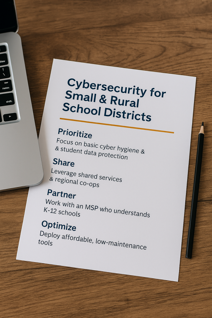 Cybersecurity guide for small and rural school districts printed on a rustic wood desk beside a laptop and pencil, emphasizing prioritized tips for limited-resource schools