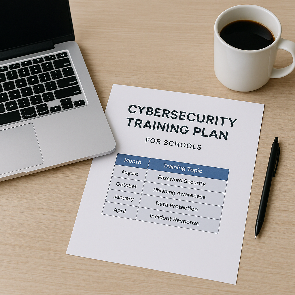 Cybersecurity training plan for schools printed on a desk next to a laptop, pen, and coffee mug, showing a sample calendar with training topics