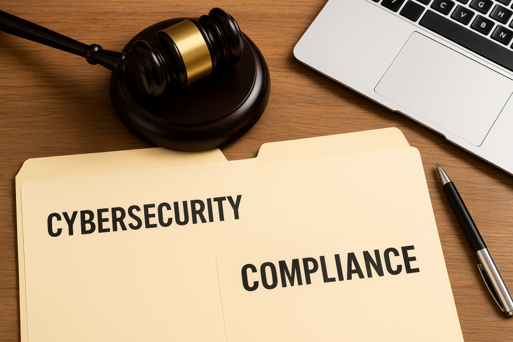 Two file folders labeled Cybersecurity and Compliance with a gavel between them, symbolizing the intersection of digital protection and regulation