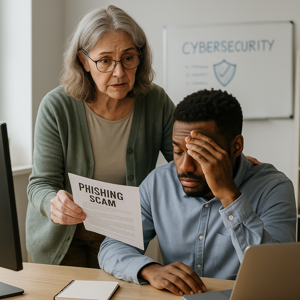 Two school staff members reacting to a phishing scam document in a cybersecurity training session, highlighting human error risks in K–12 education