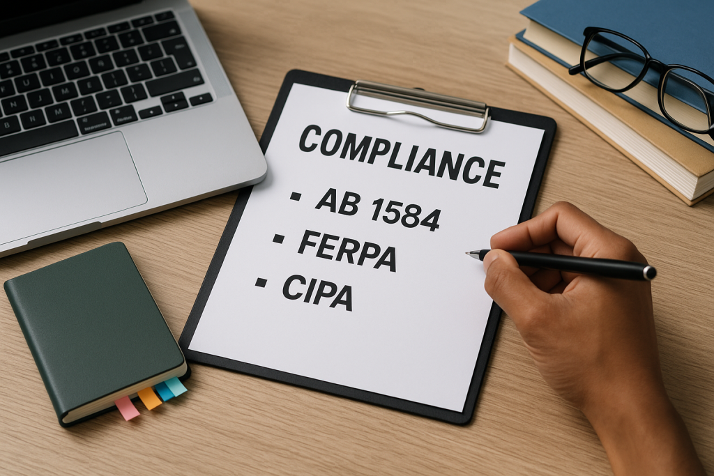 Desk with compliance documents and laptop representing K-12 school efforts to meet AB 1584, FERPA, and CIPA requirements in 2025