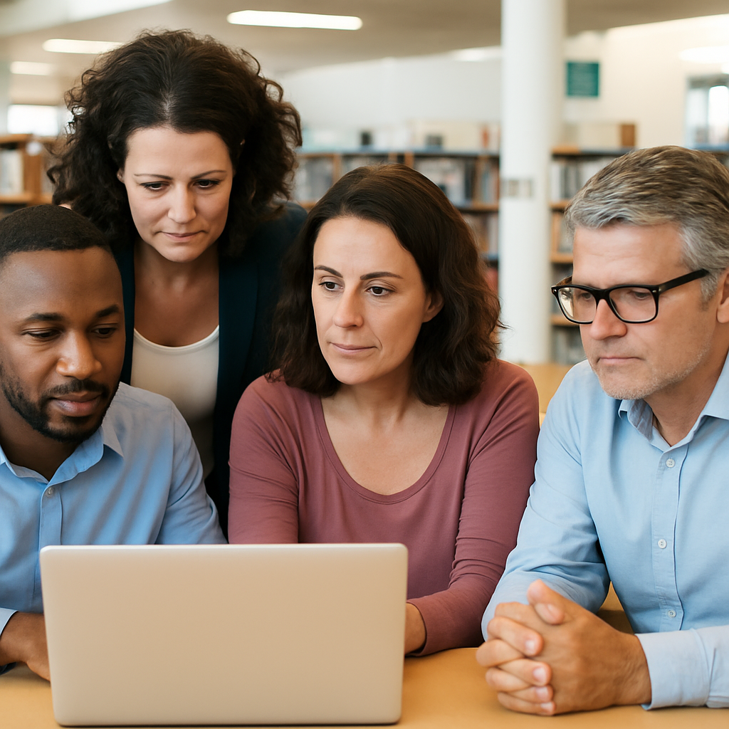 Four California public school educators gathered around a laptop in a well-lit meeting room, collaborating on cybersecurity planning