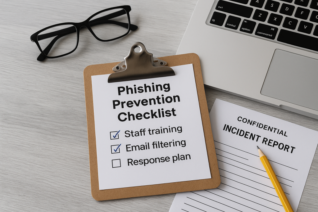 School cybersecurity resources on a desk, including a phishing prevention checklist and incident report form, next to a laptop, glasses, and pencil