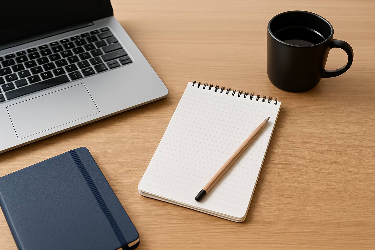 Clean and professional school office workspace with a laptop, notebook, and coffee cup arranged on a wooden desk, representing organized team collaboration