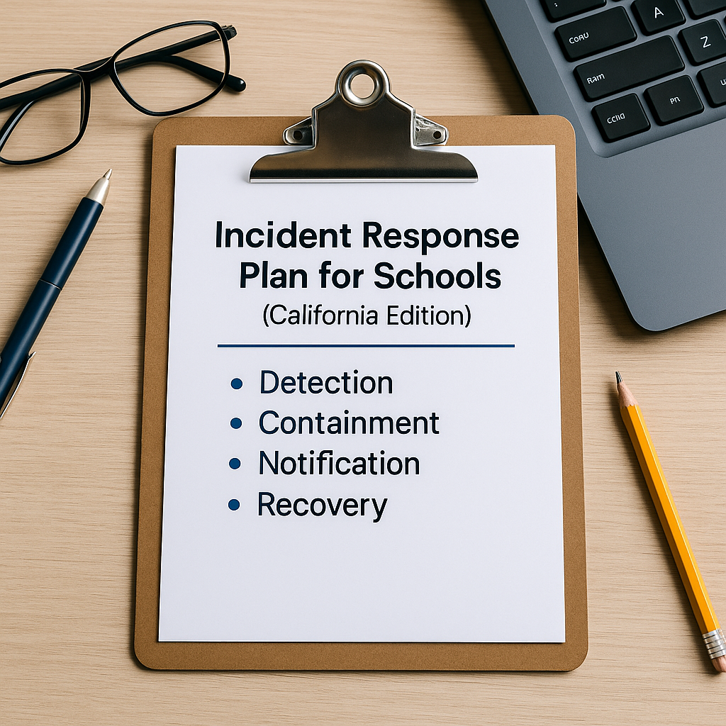 Incident Response Plan for Schools document on a clipboard, surrounded by a laptop, glasses, and writing tools on a light wooden desk