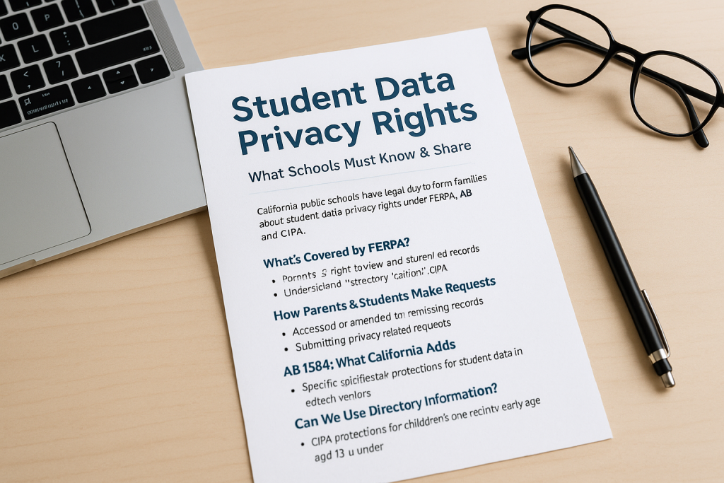 Printed student data privacy rights guide on a school administrator’s desk with a laptop, pen, and glasses, summarizing FERPA and AB 1584 compliance